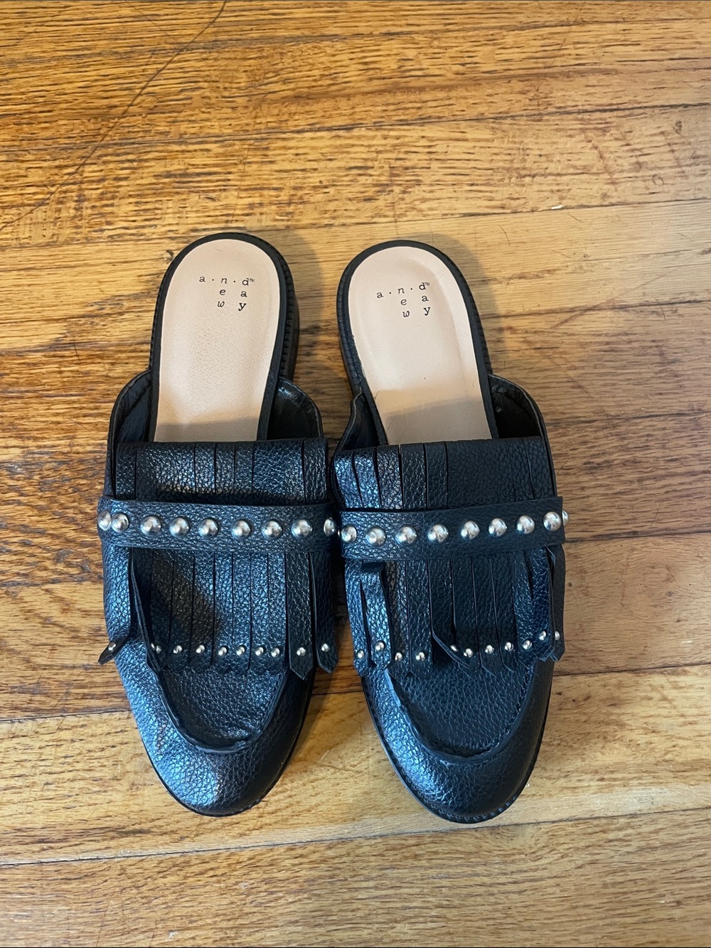 a new day Black Leather Fringe Stud Slide Mules - Women's